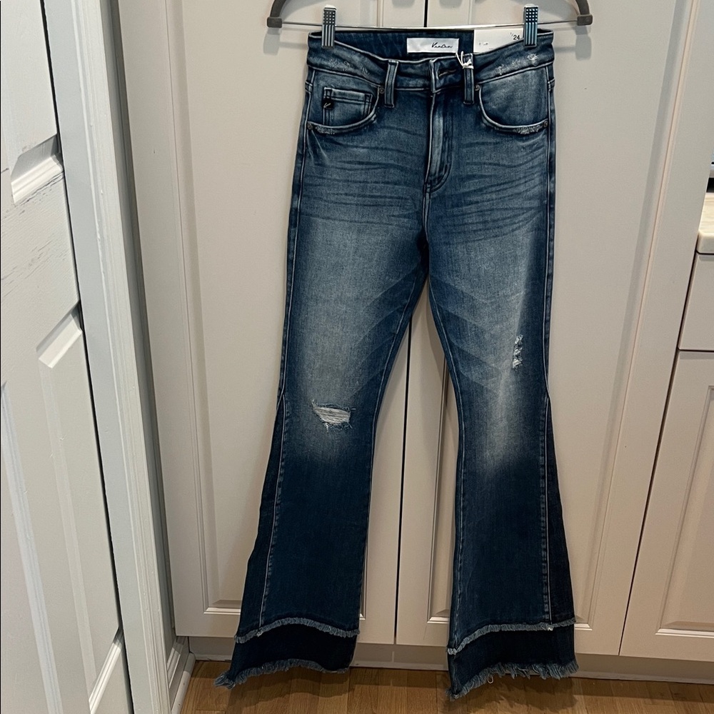 KanCan Dark Blue High-Rise Flare Jeans with Frayed Hem 24/32 - Picture 12 of 13